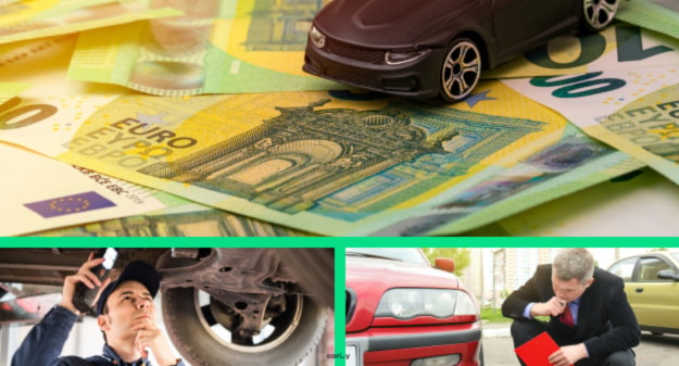 billets de banque avec une petite voiture, mécanicien et homme qui regarde une voiture
