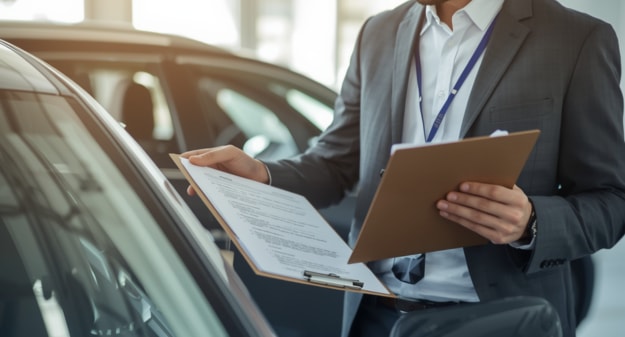 personne qui tient des documents à côté d'une voiture