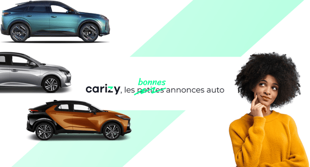 personne qui se demande quelle voiture choisir avec logo Carizy et icônes voitures